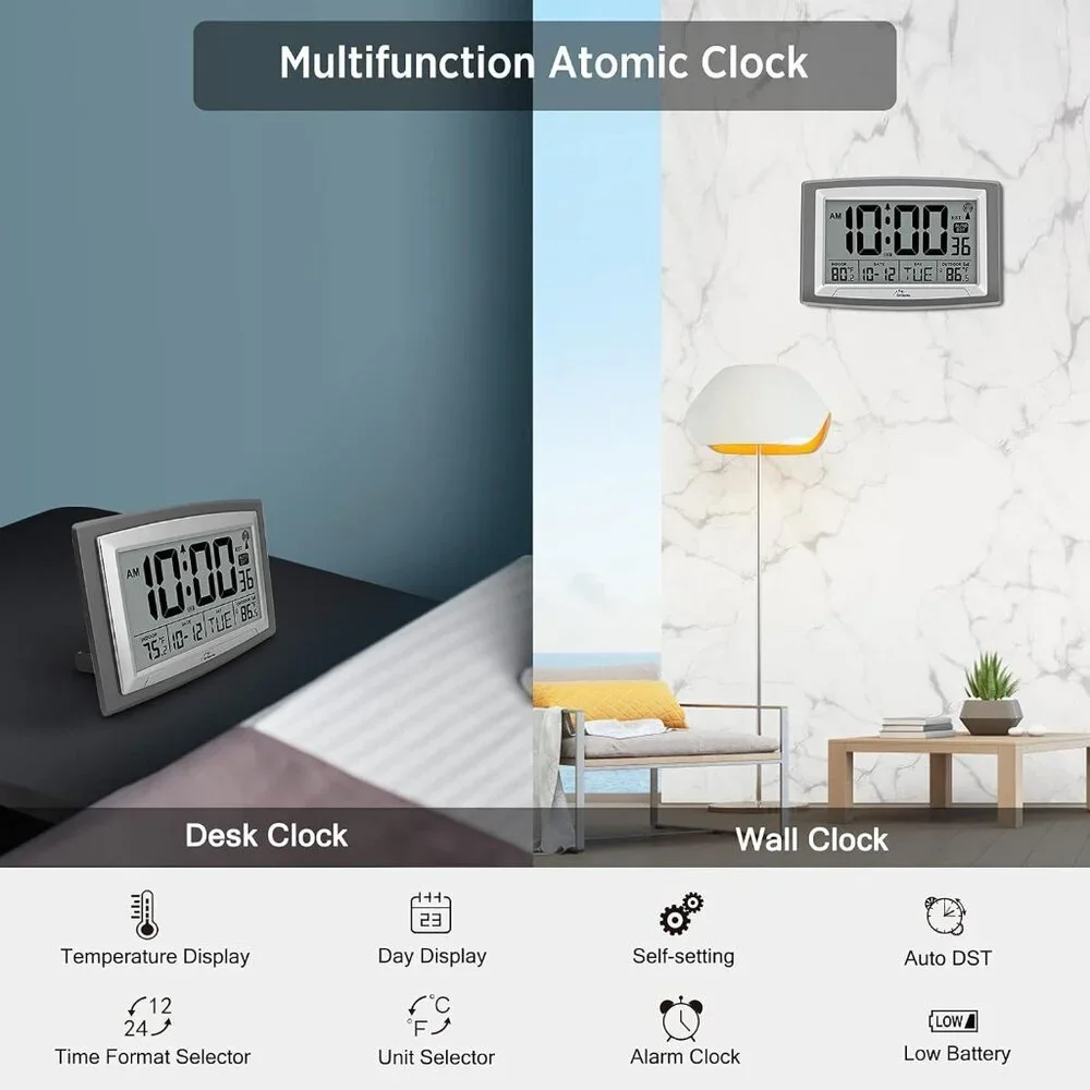 12.5-Inch Atomic Clock with Indoor/Outdoor Temperature - Stylish & Accurate